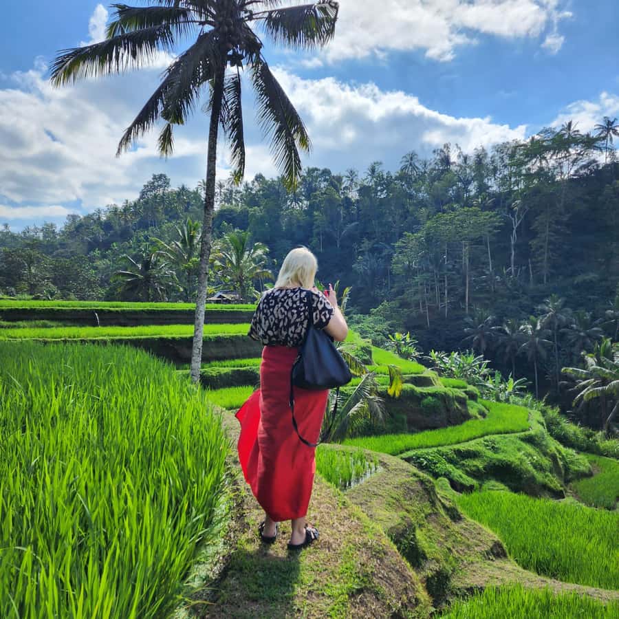 Balinese Purification at holy water temple with Local - Walking down the jungle steps to the temple